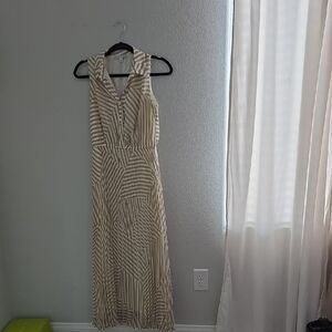 Sandra Darren Sleeveless Maxi Dress in Cream and Beige Stripes